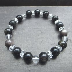 画像1: レインボーオブシディアンｘゴールデンオブシディアンxシルバーオブシディアンｘカット水晶ブレスレット